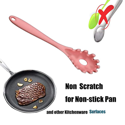 Wukusy silicone pasta fork and strainer spoon for spaghetti, high temperature resistant, nonslip handle, safe for non-stick cookware.