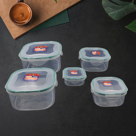 Wukusy 5-piece kitchen container set with snap-seal plastic storage boxes for fridge organization and lunch storage.