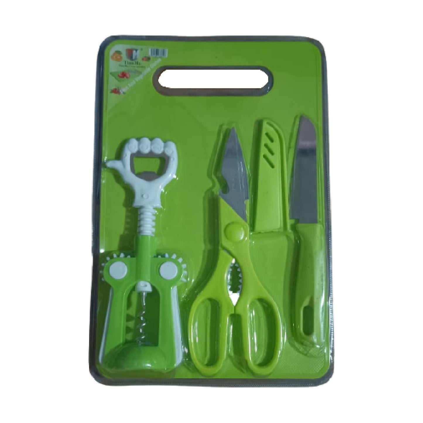 Wukusy plastic chopping board set with knife, scissors, and wine stainless steel bottle opener for kitchen vegetable cutting.