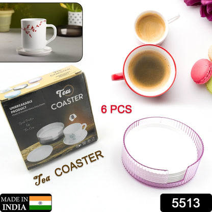 Set of 6 Wukusy plastic coasters for home and kitchen, spill protection, durable, non-slip, fits common drinking glasses and cups.