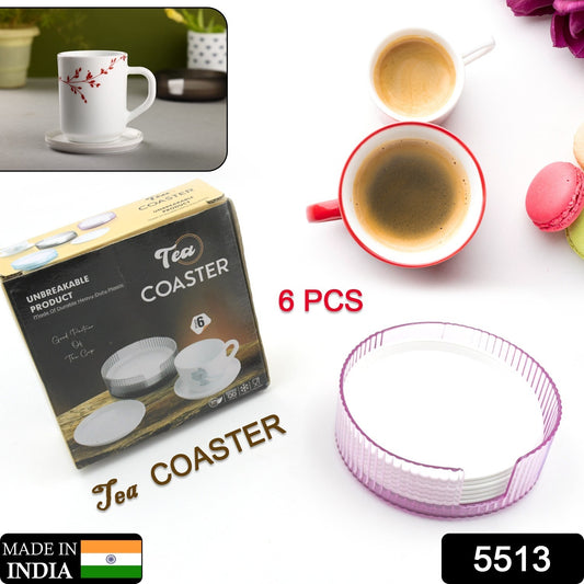 Set of 6 Wukusy plastic coasters for home and kitchen, spill protection, durable, non-slip, fits common drinking glasses and cups.
