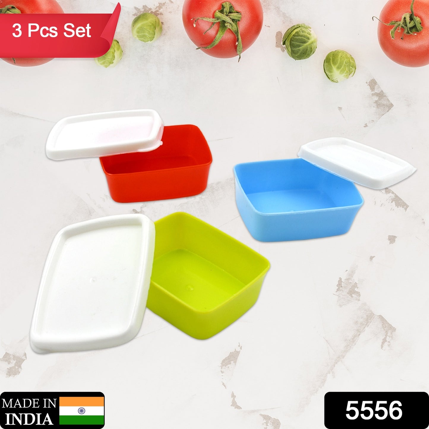 Wukusy 3-piece set of multicolor plastic airtight rectangular containers for food storage and refrigerator organization.