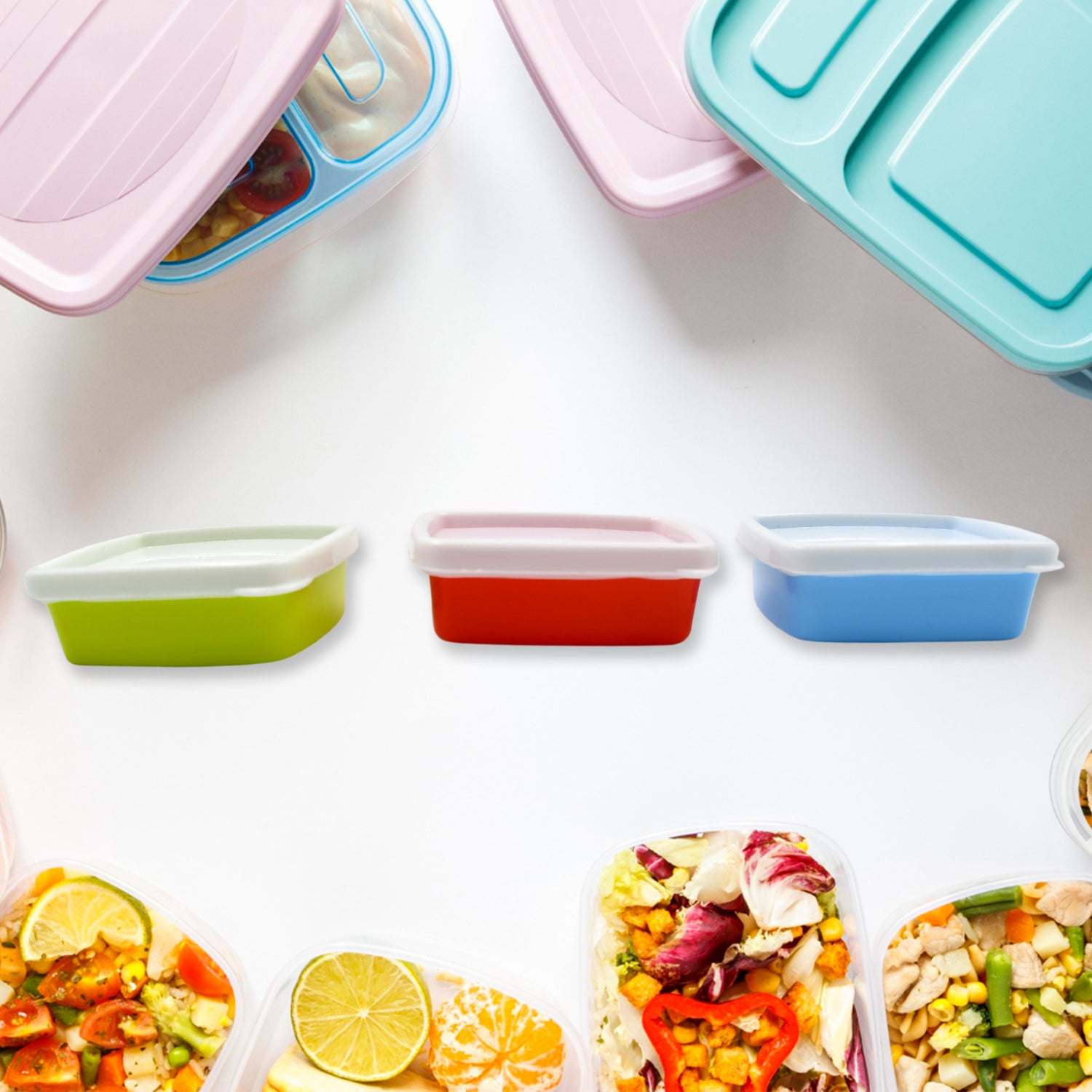 Wukusy 3-piece set of multicolor plastic airtight rectangular containers for food storage and fridge organization.