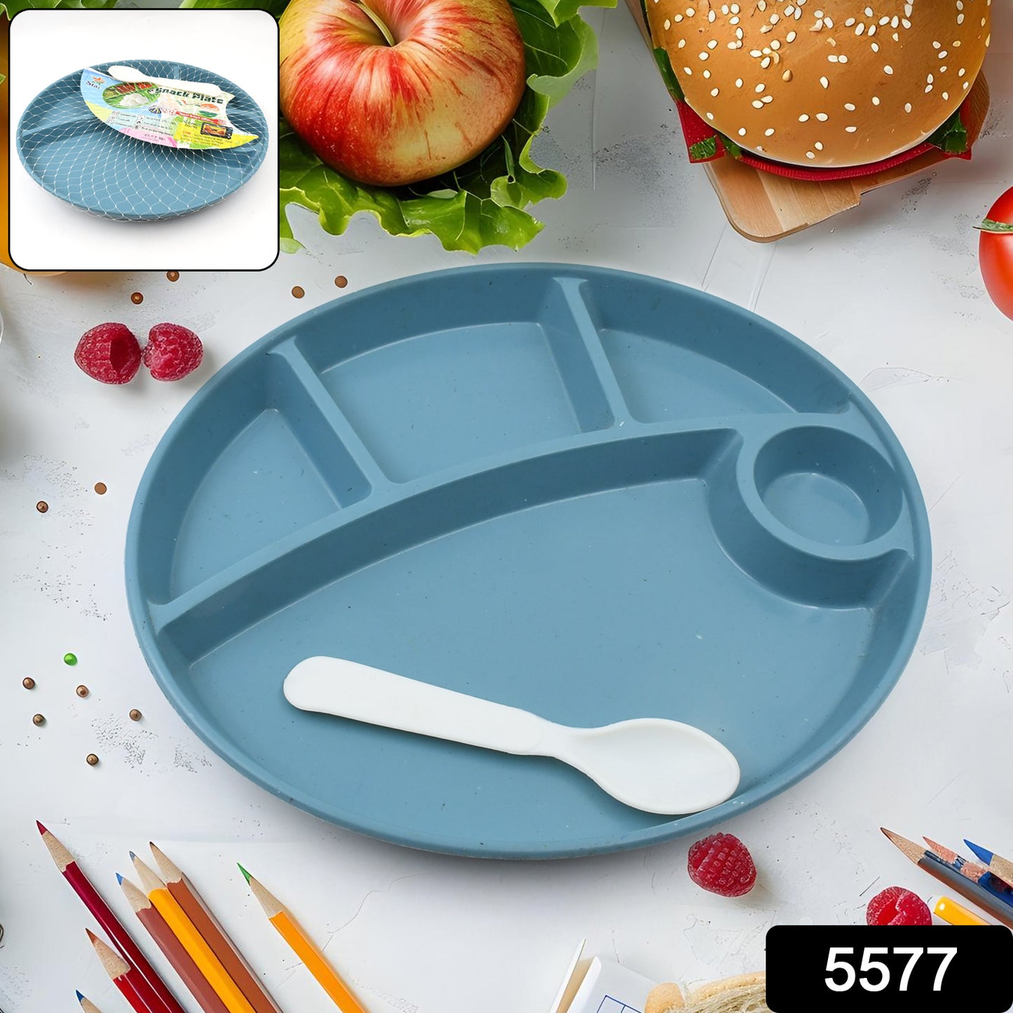Wukusy biodegradable plastic food plate with five compartments and spoon, ideal for snacks, nuts, desserts, and outdoor camping.