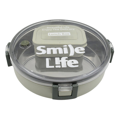 Wukusy stainless steel round lunch box with transparent lid, includes small plastic insert, leak-proof design for kids and adults.