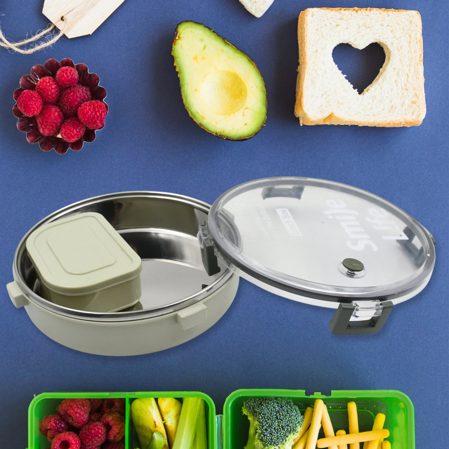 Wukusy Miracle stainless steel round lunch box with transparent lid and plastic insert, 450ml and 250ml, leak-proof for kids and adults.