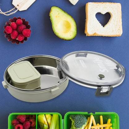 Wukusy Miracle stainless steel round lunch box with transparent lid and plastic insert, 450ml and 250ml, leak-proof for kids and adults.