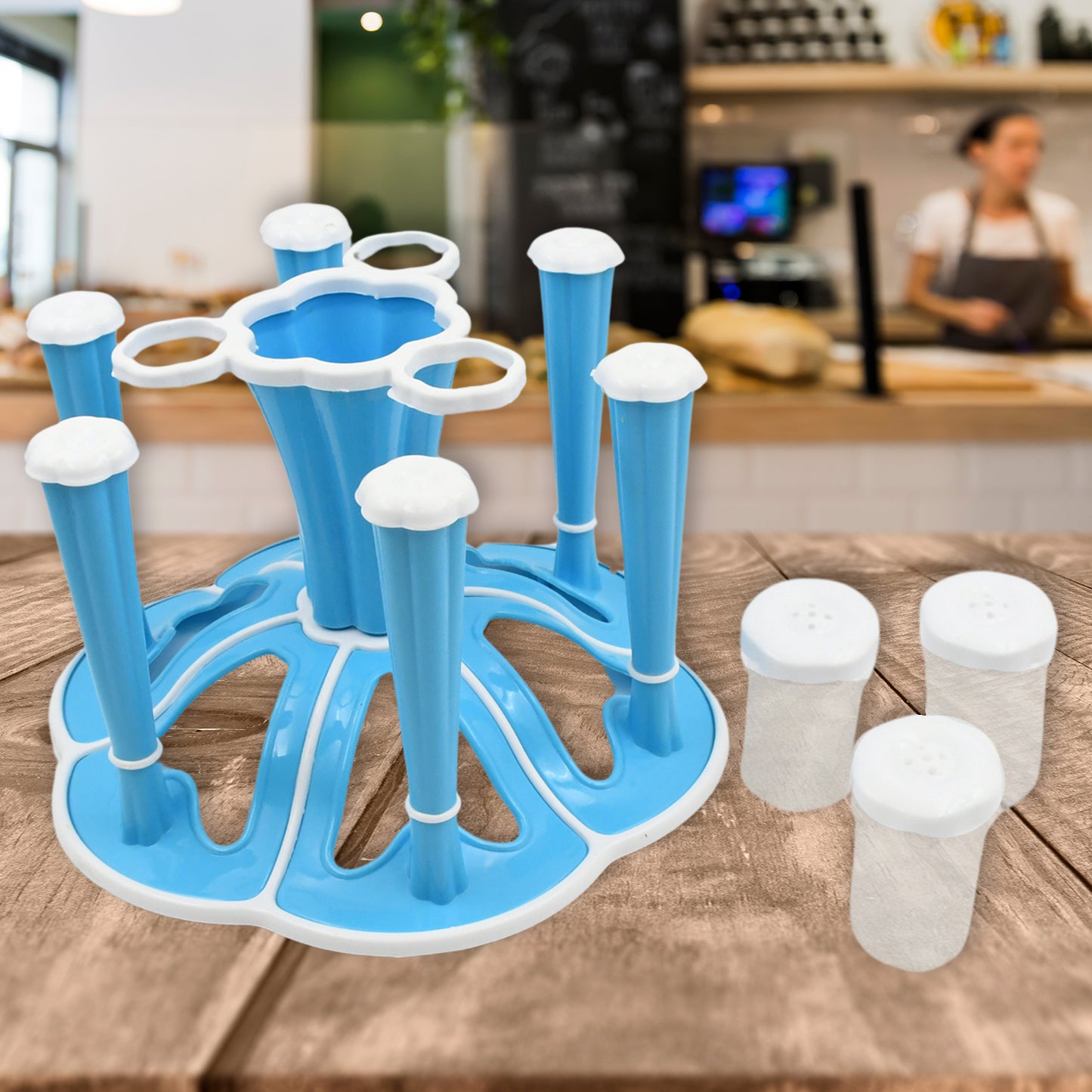 Wukusy plastic glass stand tumbler holder for kitchen and dining table, holds six glasses with space for salt and pepper shakers.