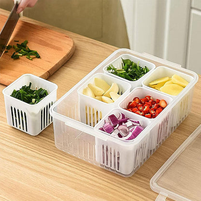 Wukusy fridge storage box for vegetables and food, clear freezer container with draining crisper for kitchen organization.