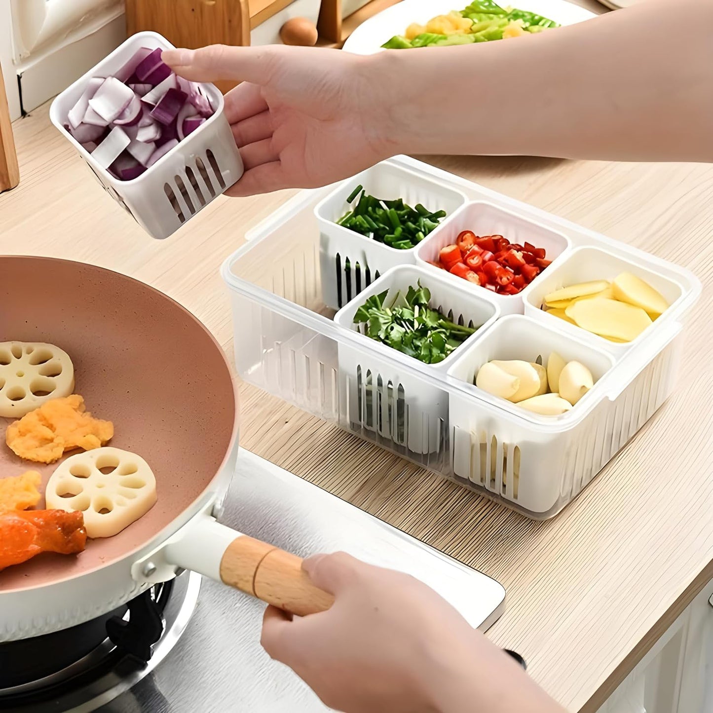 Wukusy fridge storage box for vegetables and food organization, with drainage feature, ideal for freezer and kitchen refrigerator storage.