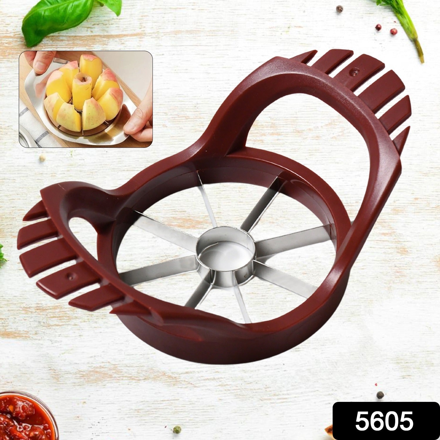 Wukusy 5605 stainless steel apple slicer and fruit divider with core remover, ideal for kitchen use and easy apple portioning.