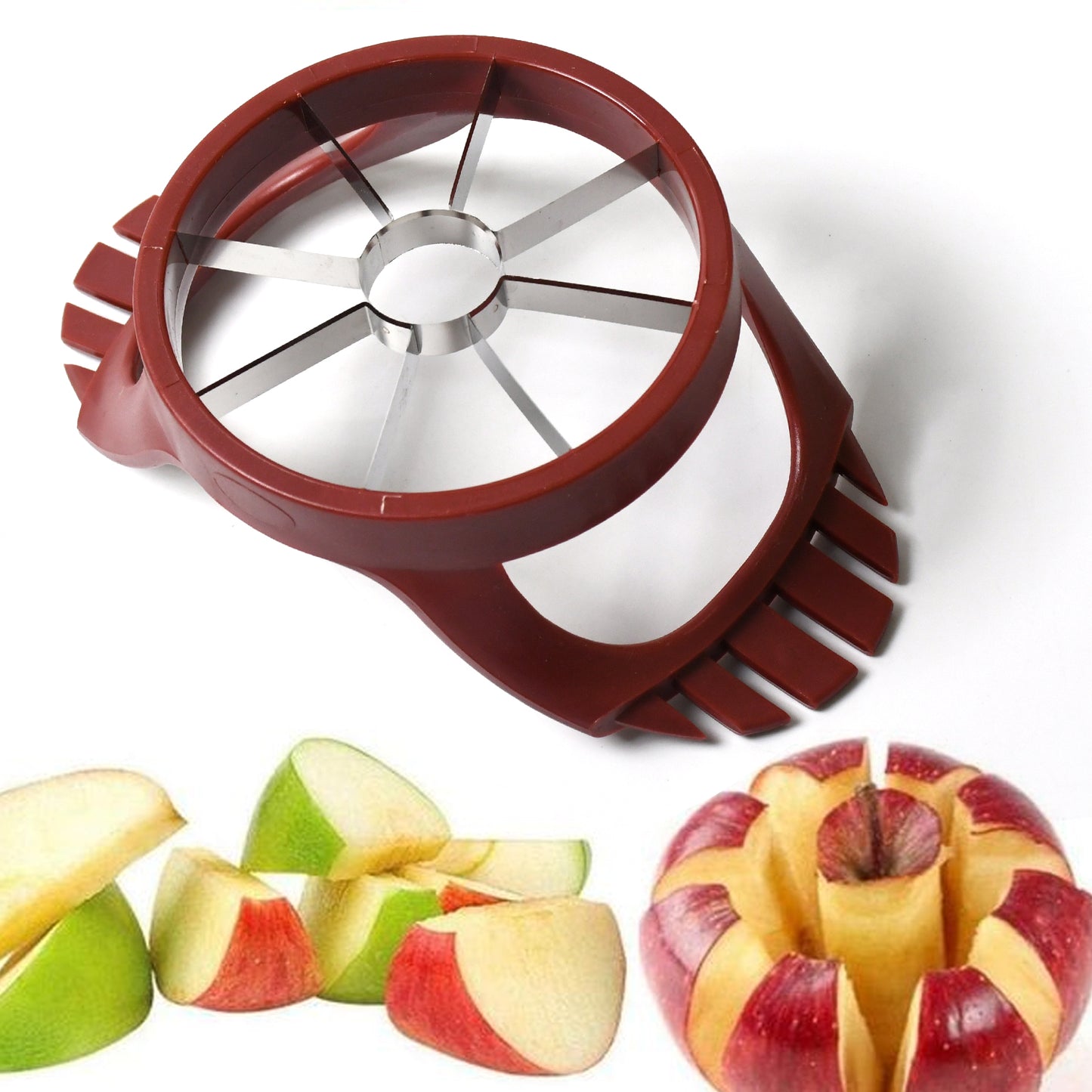 Wukusy stainless steel apple slicer and core remover, kitchen tool for easy apple cutting and fruit division.