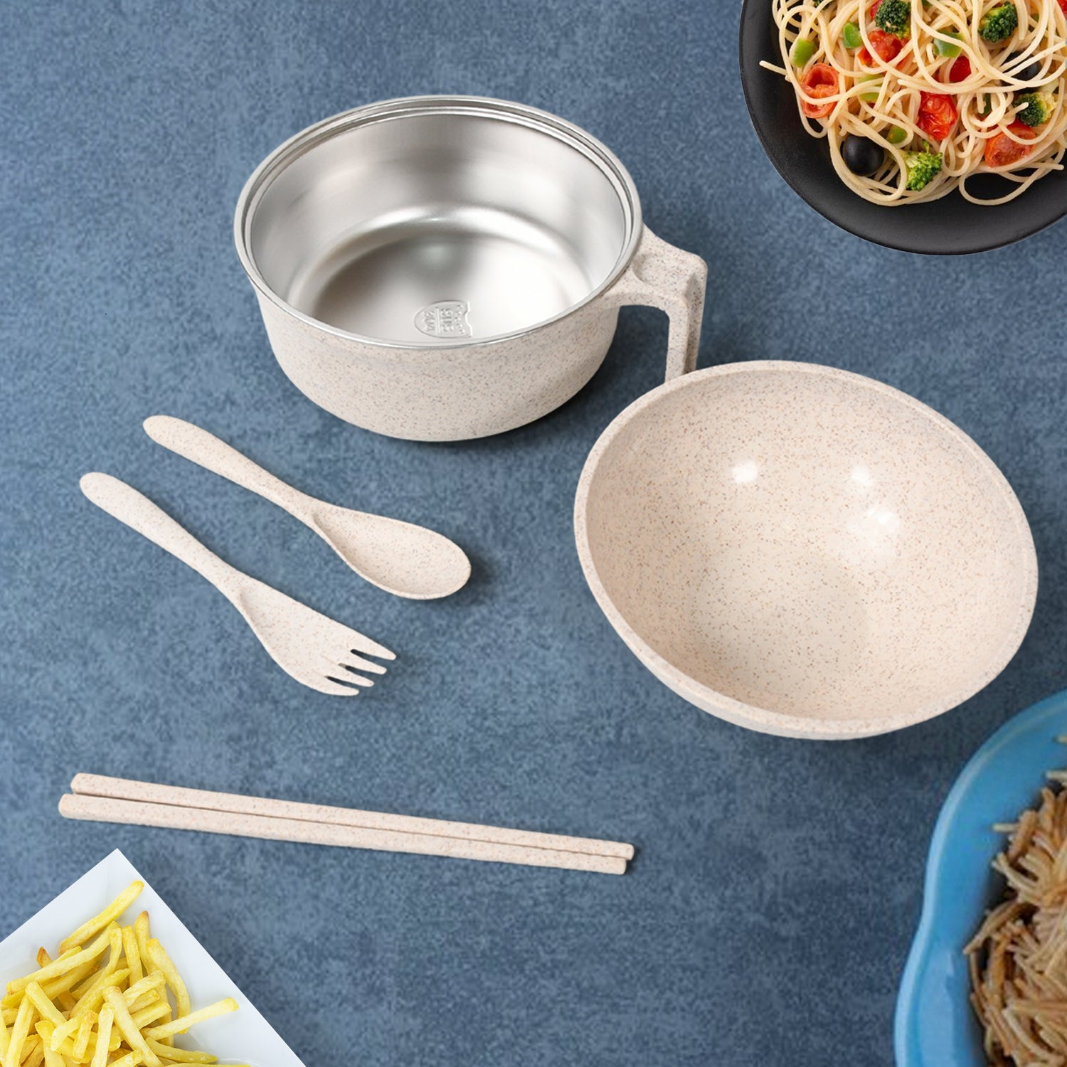 Wukusy 6-piece rice bowl set with lid, handle, wheat straw material, includes fork, chopsticks, and spoon for soup and salads.
