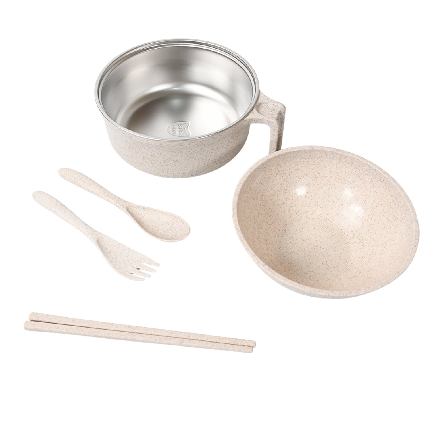 Wukusy 6-piece set of rice bowls with lids, handle, wheat straw material, includes fork, chopsticks, and spoon for soup and salads.
