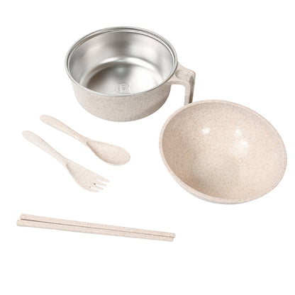 Wukusy 6-piece set of rice bowls with lids, handle, wheat straw material, includes fork, chopsticks, and spoon for soup and salads.