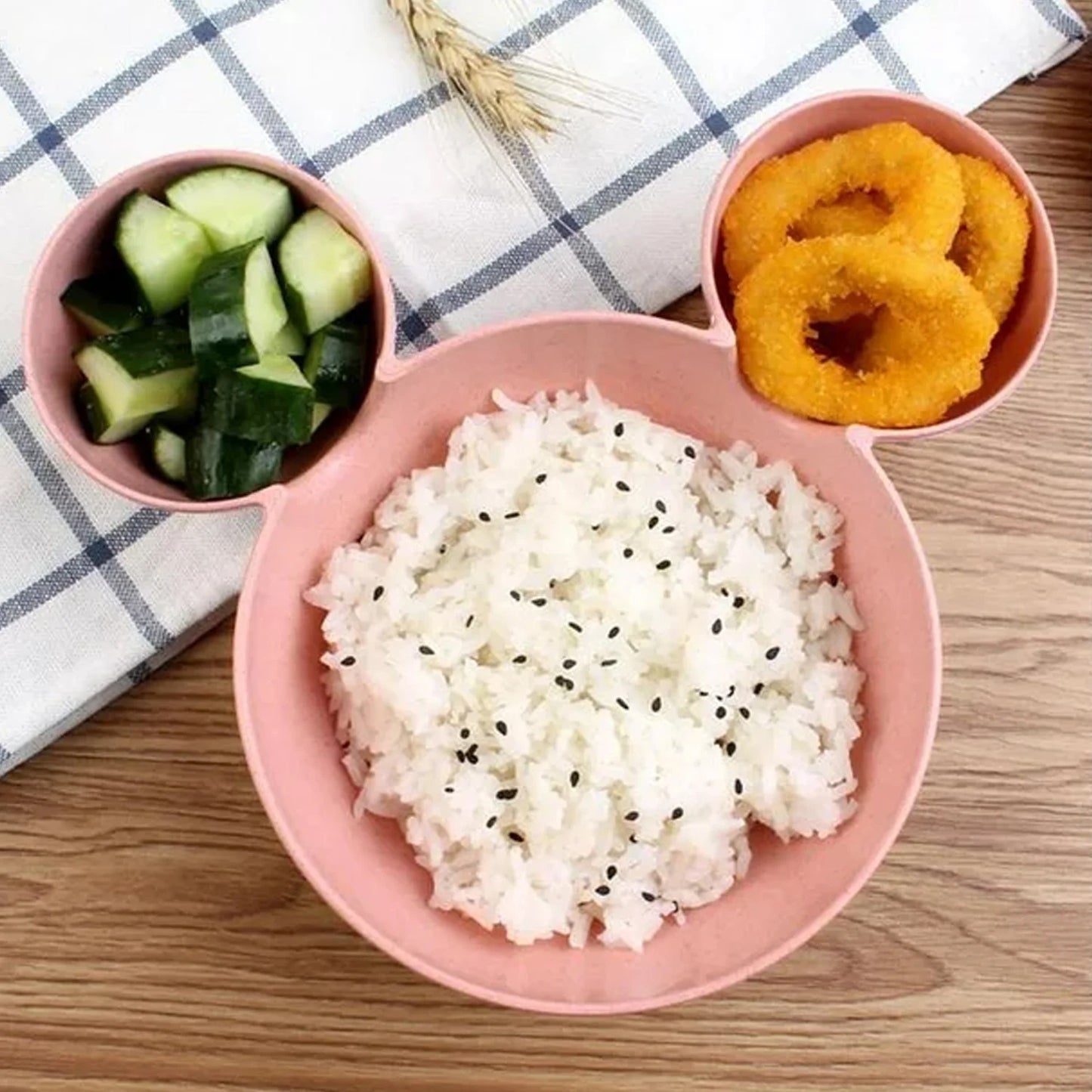 Unbreakable Mickey Mouse-shaped BPA-free kids' plate and bowl set, colorful cartoon design for children’s food and fruit.