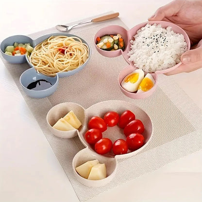 Unbreakable Mickey Mouse-shaped BPA-free kids food plate and bowl set, colorful cartoon design for children’s tableware.