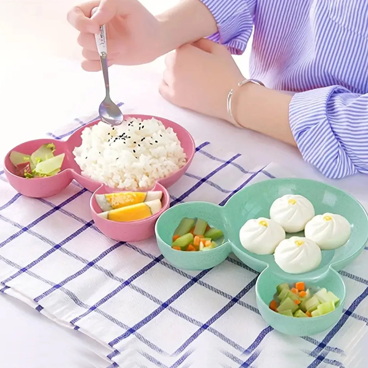 Unbreakable Mickey Mouse shape plate for kids, BPA-free plastic children's food plate and bowl, featuring cartoon design and fruit pattern.