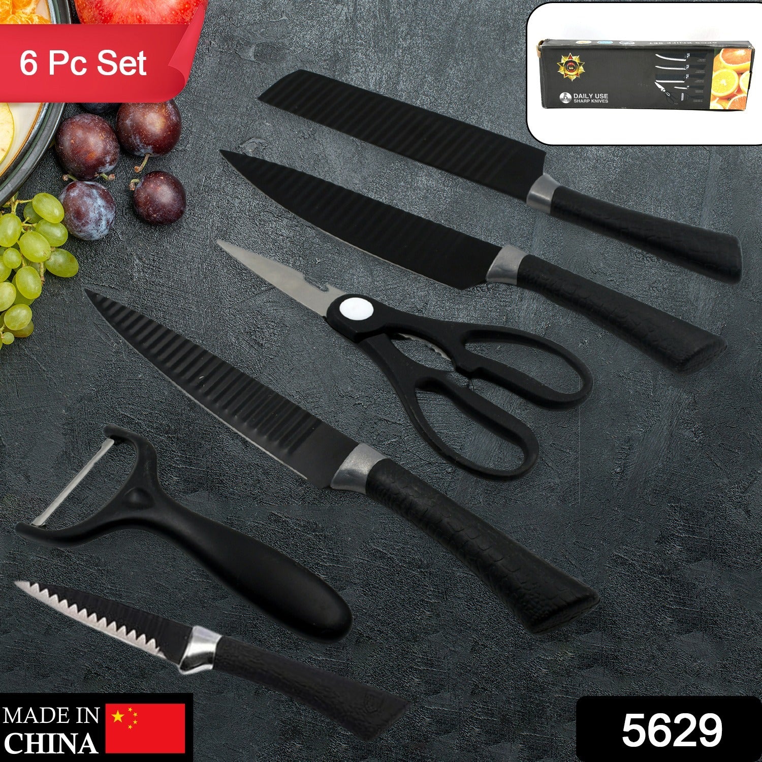 Wukusy 6-piece professional kitchen knife set with non-slip handles, including meat, chef, peeler, and scissors in stainless steel.