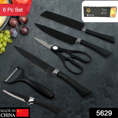 Wukusy 6-piece professional kitchen knife set with non-slip handles, including meat, chef, peeler, and scissors in stainless steel.