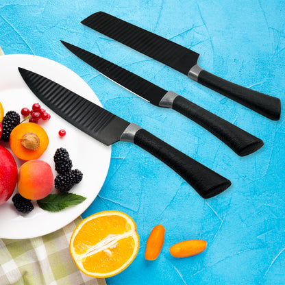 Wukusy 6-piece professional kitchen knife set with non-slip handles, including chef knives, peeler, scissors, made of stainless steel.