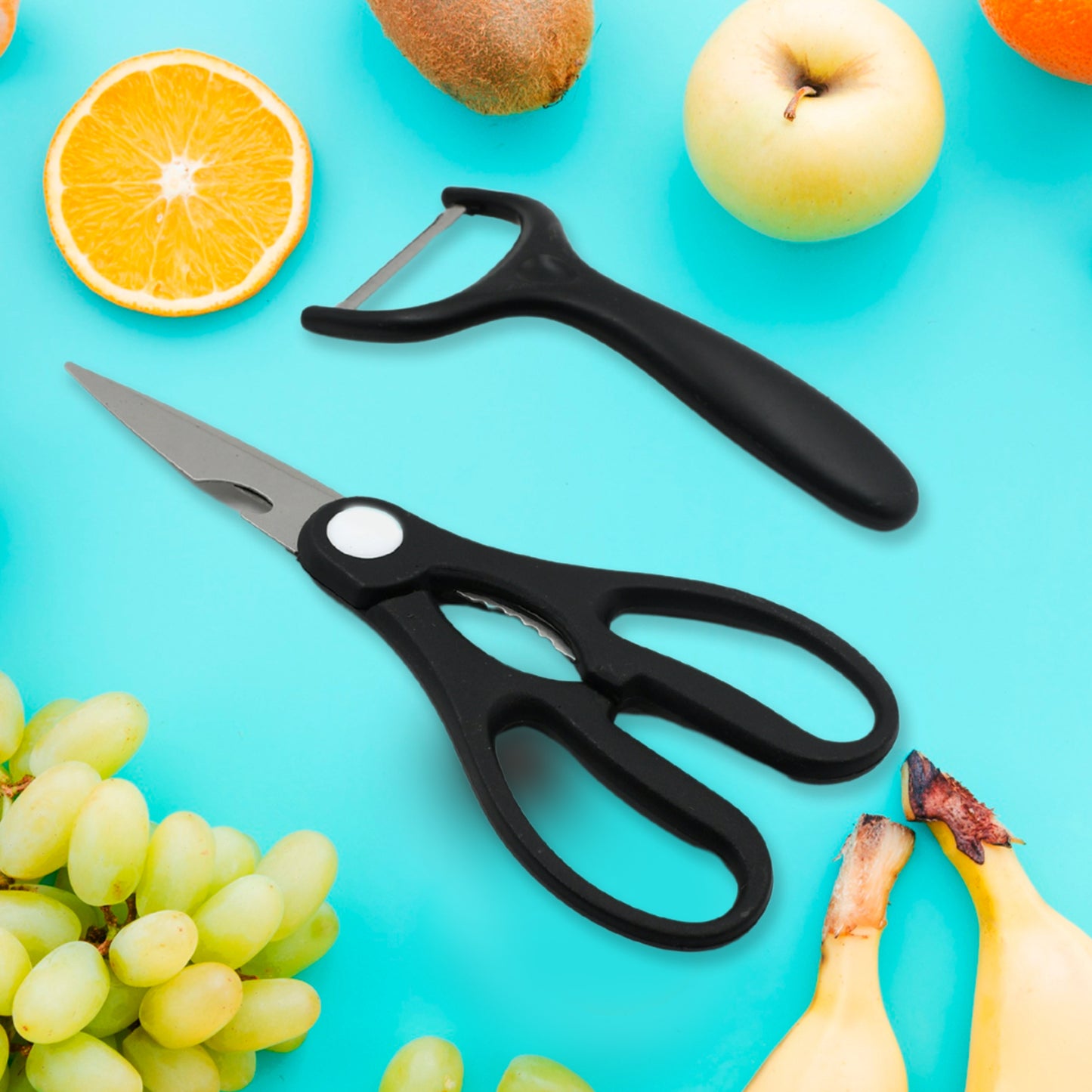 Wukusy 6-piece professional kitchen knife set with non-slip handles, includes chef knives, peeler, and scissors in stainless steel.