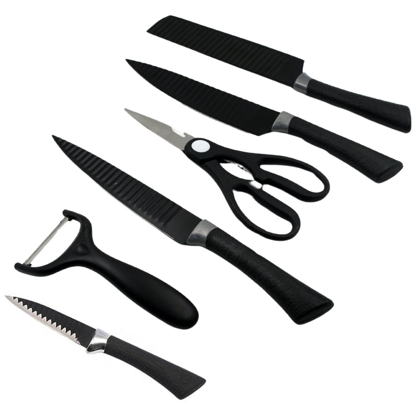 Wukusy 6-piece professional kitchen knife set with non-slip handles, chef peeler, and scissors, stainless steel for home and restaurant use.