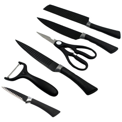 Wukusy 6-piece professional kitchen knife set with non-slip handles, chef peeler, and scissors, stainless steel for home and restaurant use.