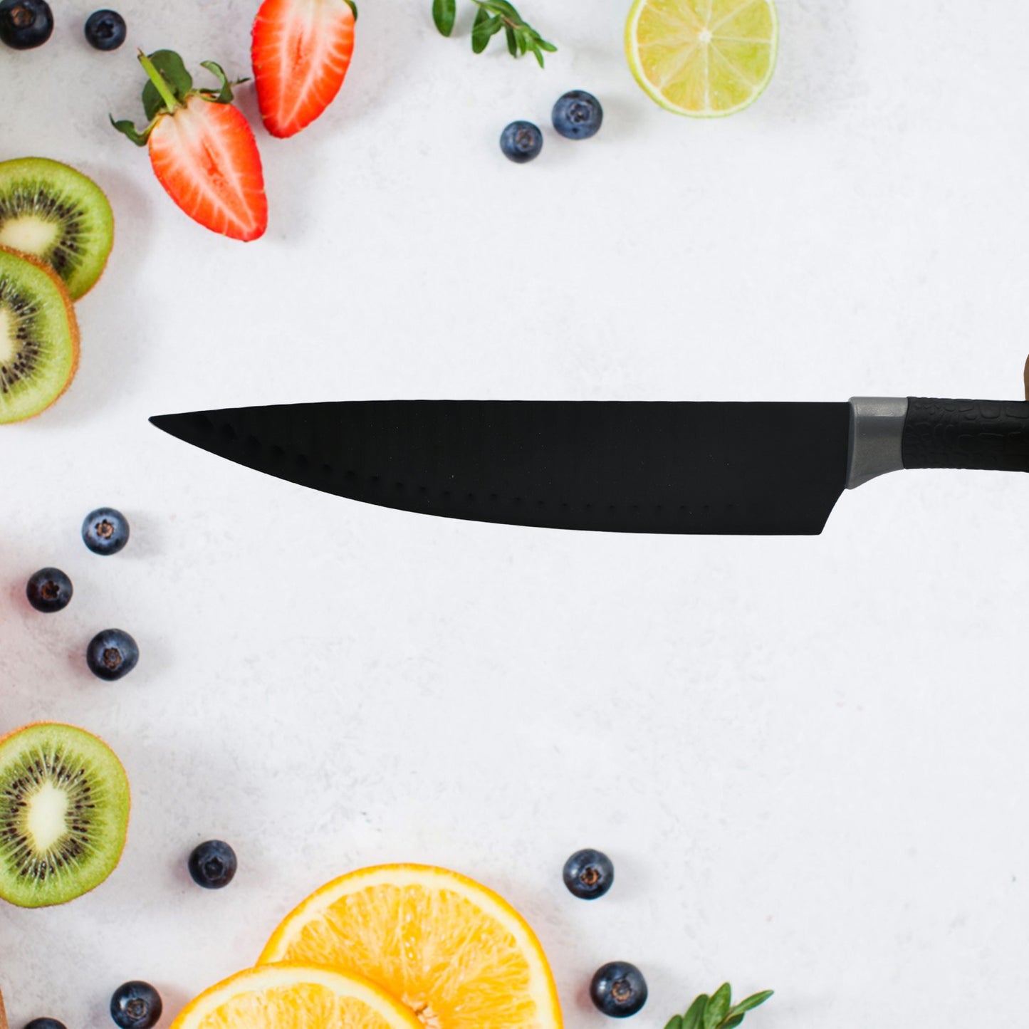 Wukusy 6-piece stainless steel professional kitchen knife set with non-slip handles, chef peeler, and scissors for home and restaurant use.