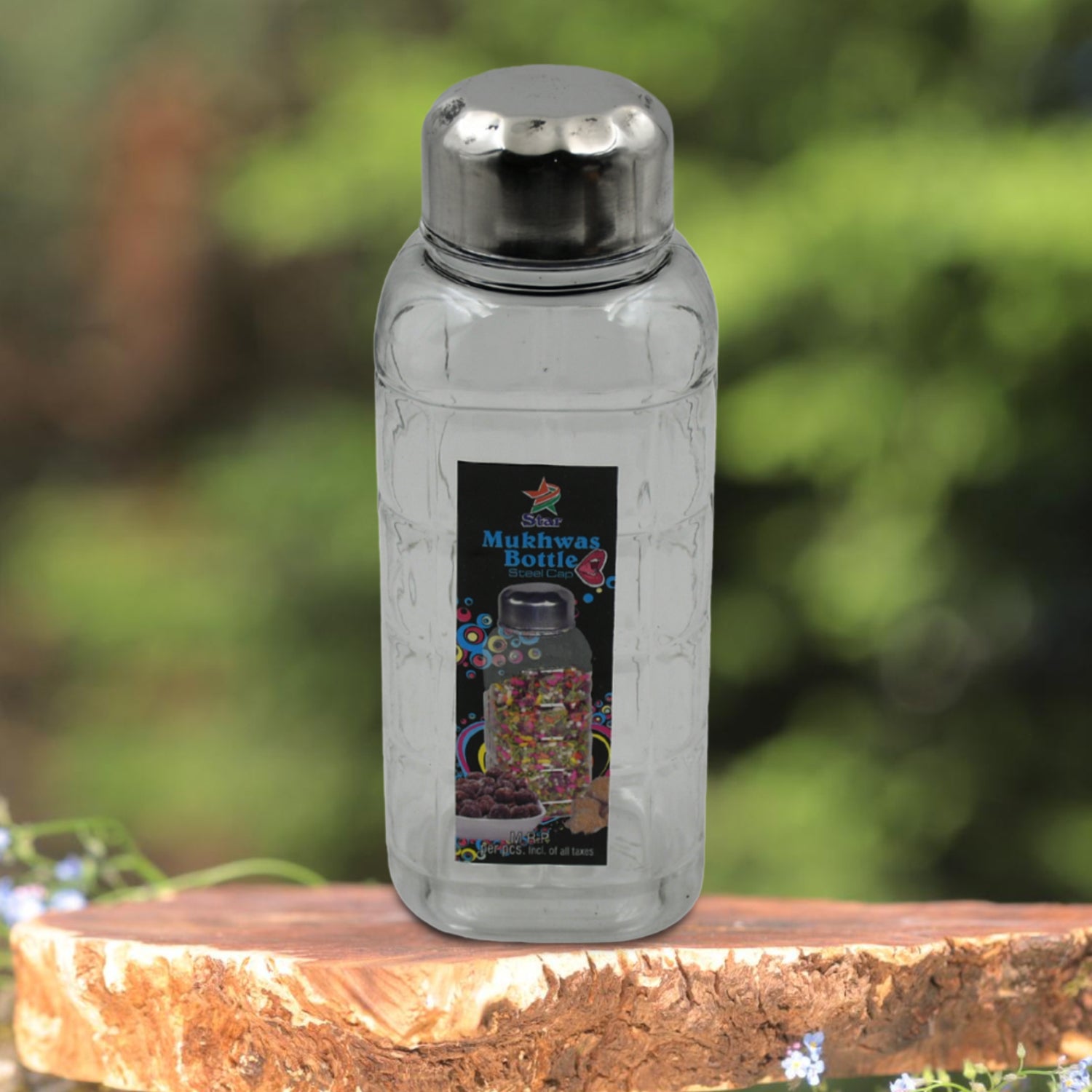 Wukusy transparent plastic Mukhwas bottle with steel cap, air-tight, BPA-free kitchen storage for dry fruits and mouth fresheners.
