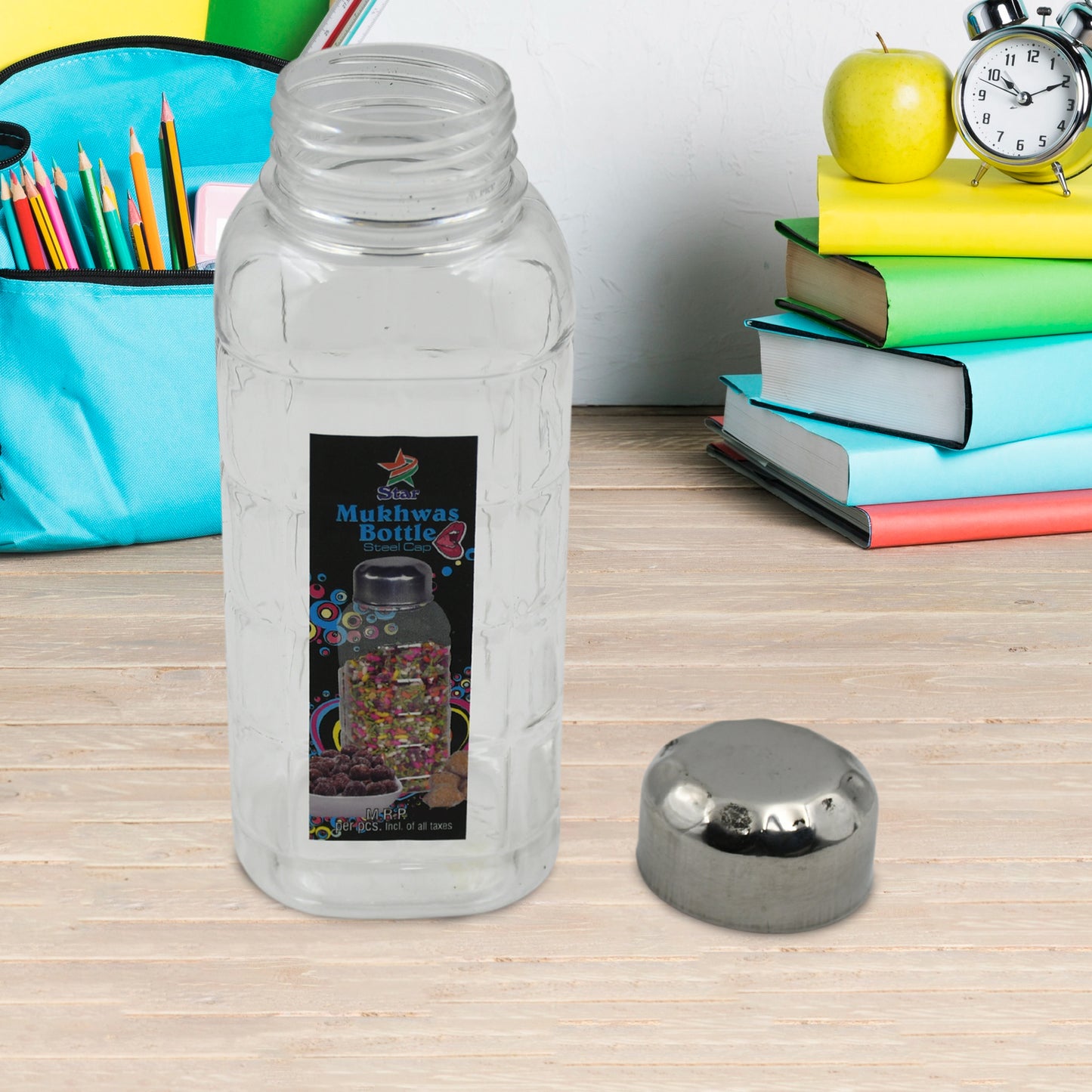 Transparent plastic Mukhwas bottle with steel cap for mouth freshener, dry fruits, air-tight, BPA-free kitchen storage by Wukusy.