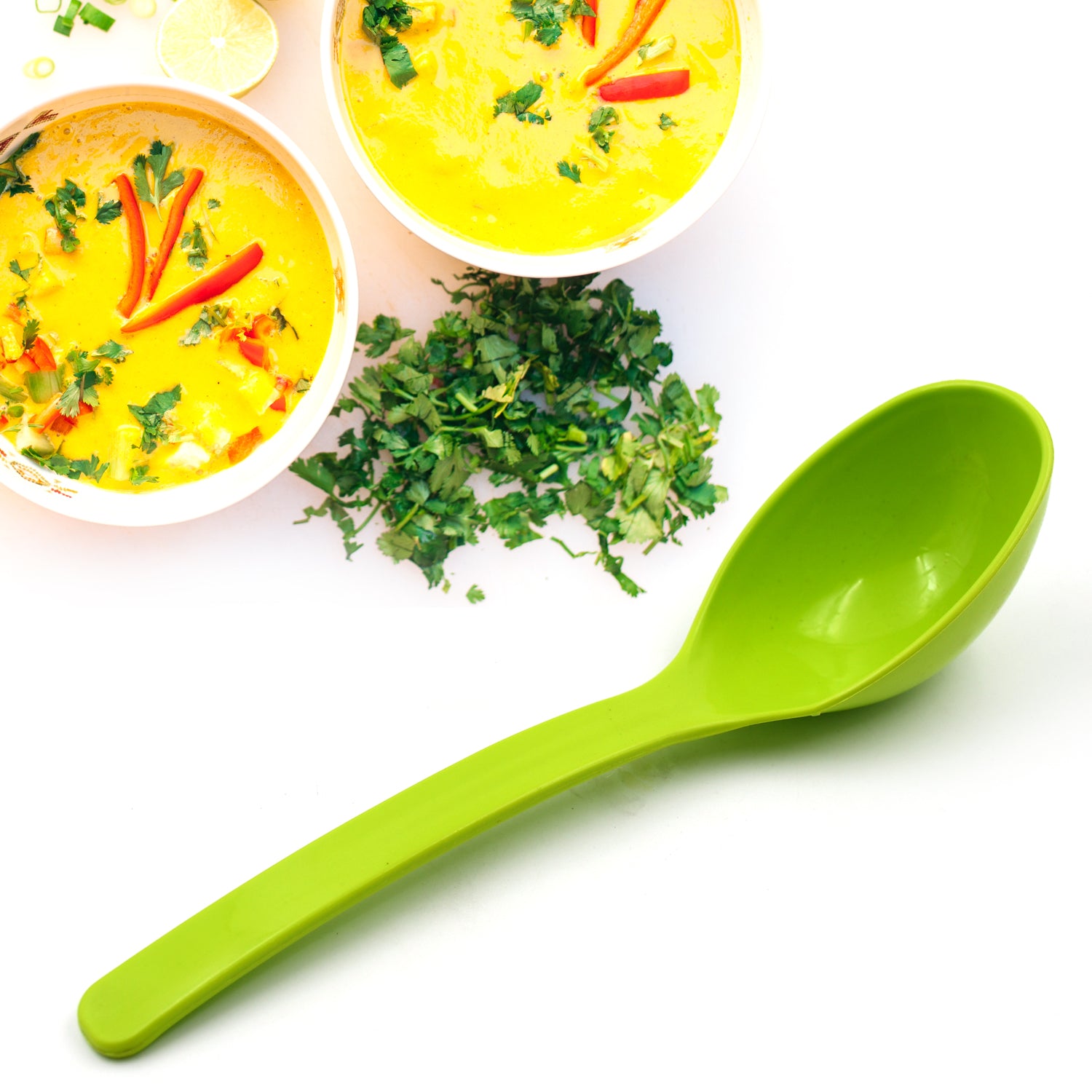 Wukusy 10-inch plastic multipurpose serving spoons and ladles set for frying, serving curry, rice, and food at home.