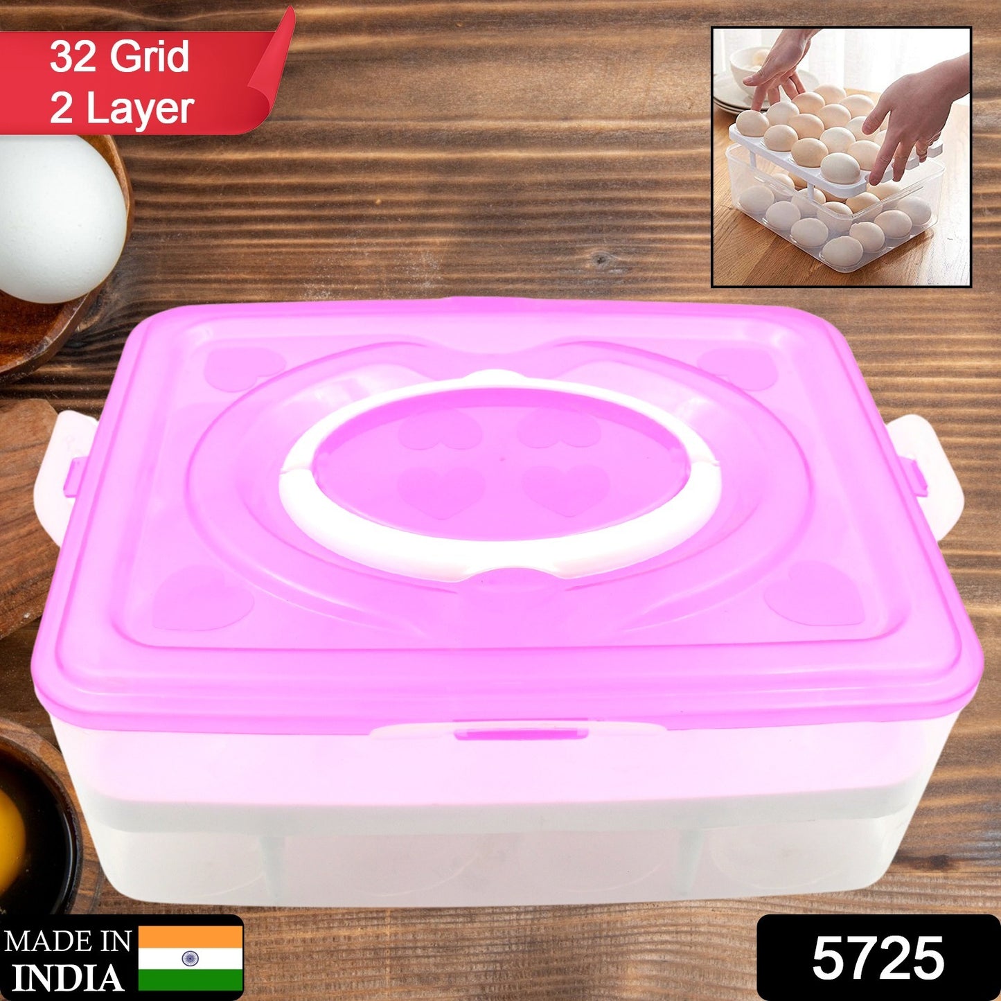 Wukusy 2-layer 32-grid egg tray with lid and handle, ideal for refrigerator and camping food storage, made of durable plastic.