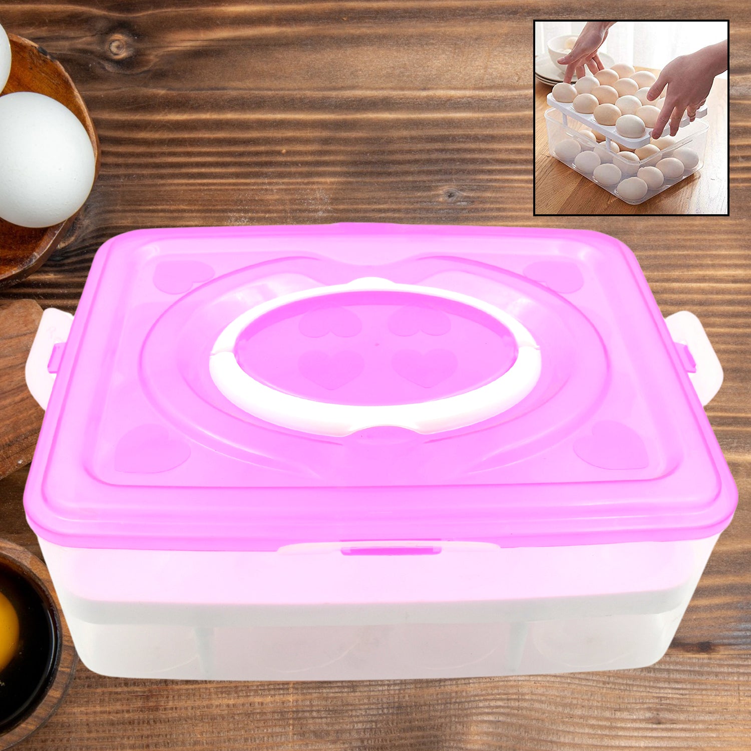 Wukusy 2-layer 32-grid egg tray with lid, handle, and egg carrier holder for refrigerator and camping food storage.