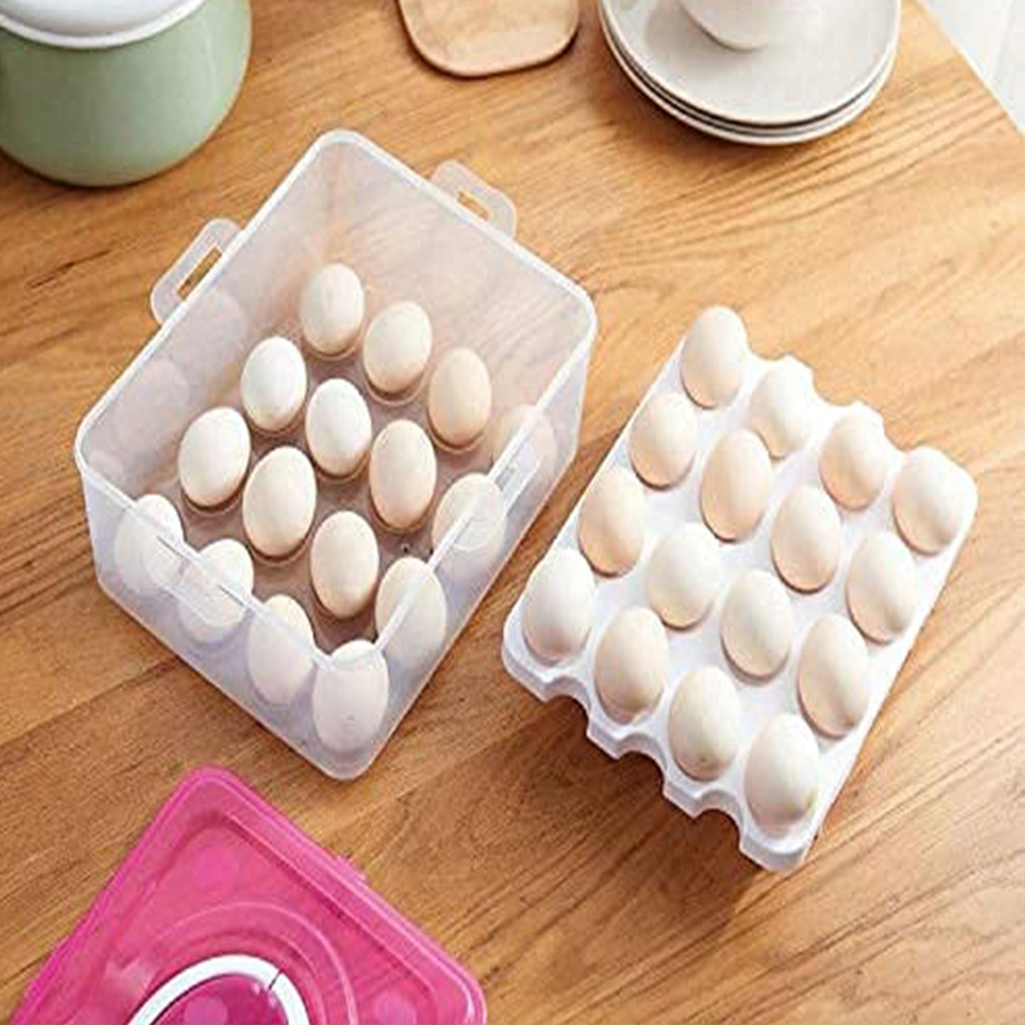 Wukusy 2-layer 32-grid egg tray with lid, egg carrier holder for refrigerator and camping, featuring a handle for easy transport.
