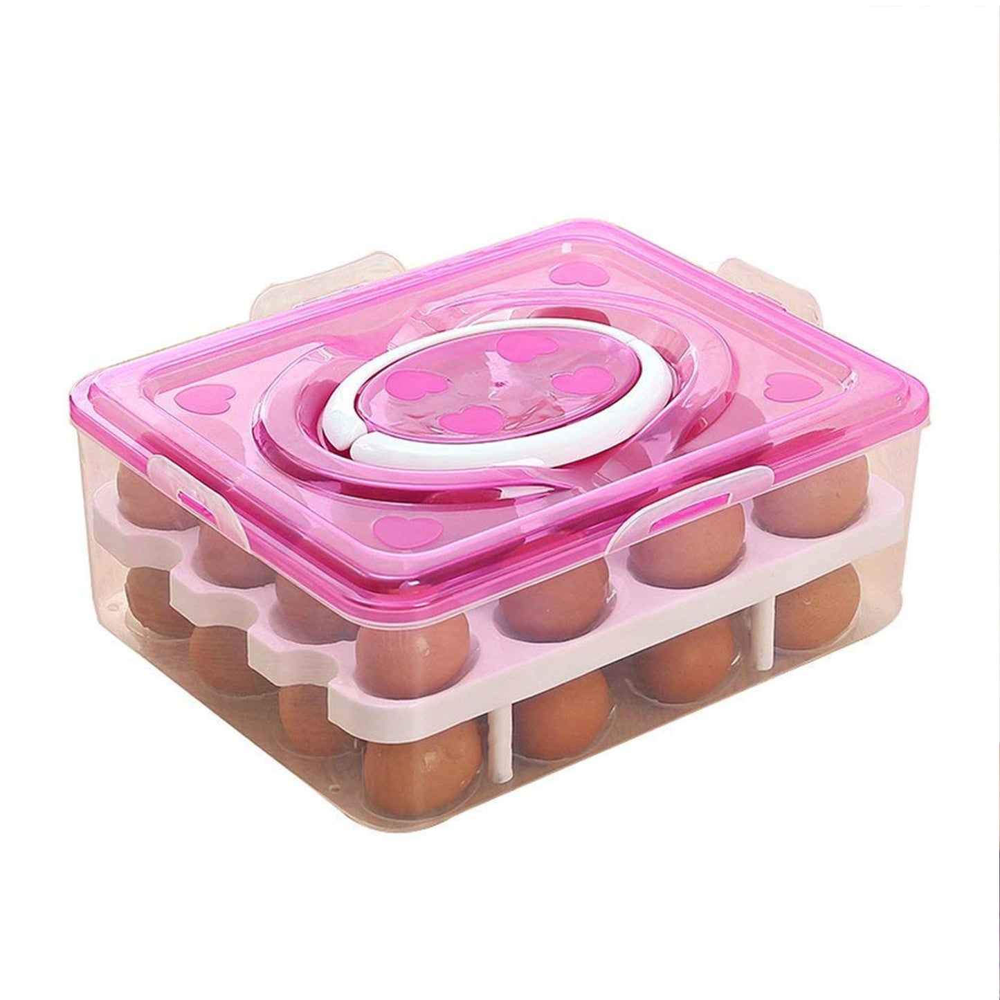 Wukusy 2-layer 32-grid egg tray with lid for refrigerator and camping, featuring handle and food storage container design.