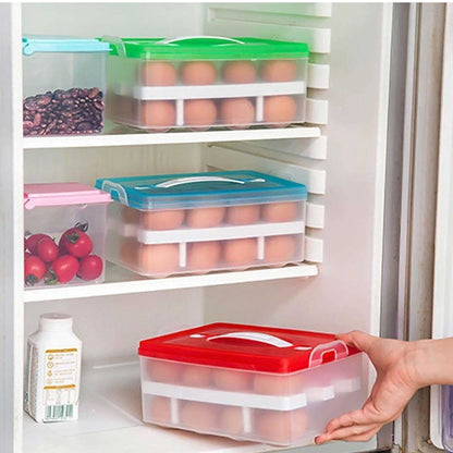 Wukusy 2-layer 32-grid egg tray with lid and handle, used for refrigerator or camping food storage, made of durable plastic.