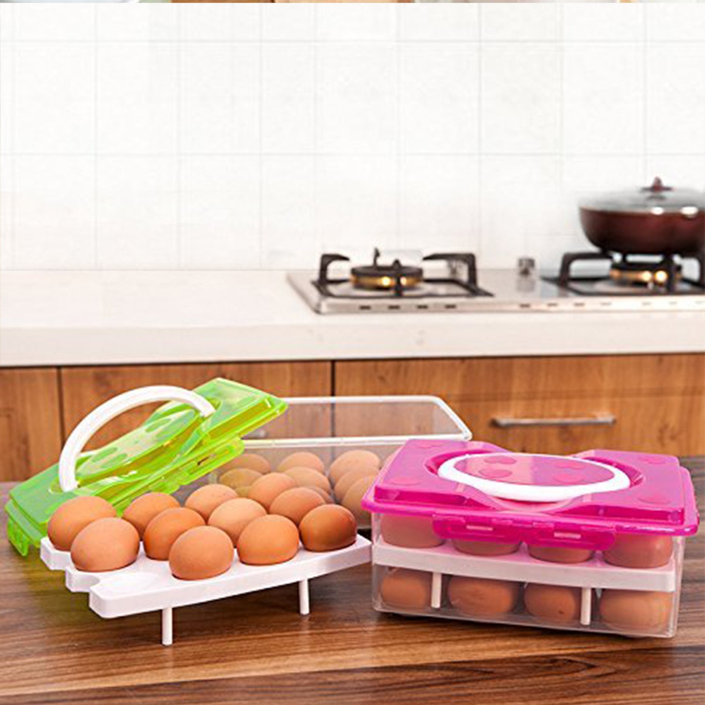 Wukusy 2-layer 32-grid egg tray with lid and handle, perfect for refrigerator or camping food storage and egg organization.