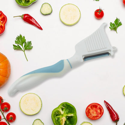 Wukusy multipurpose vegetable peeler with long handle and cleaning brush, stainless steel blade for peeling fruits and vegetables in the kitchen.