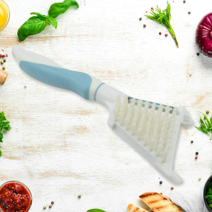 Wukusy multipurpose vegetable peeler with long handle and cleaning brush, stainless steel blade for peeling fruits and vegetables.