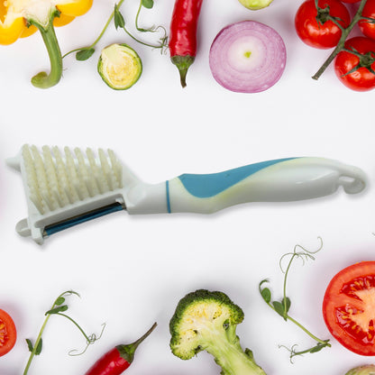 Wukusy multipurpose vegetable peeler with long handle, stainless steel blade, and cleaning brush for fruits and vegetables in home kitchen