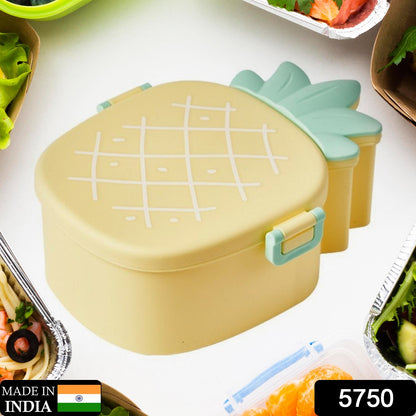 Cute pineapple-shaped kids lunch box by Wukusy with fork, spoon, and snack container, microwave-safe and portable for school or office.