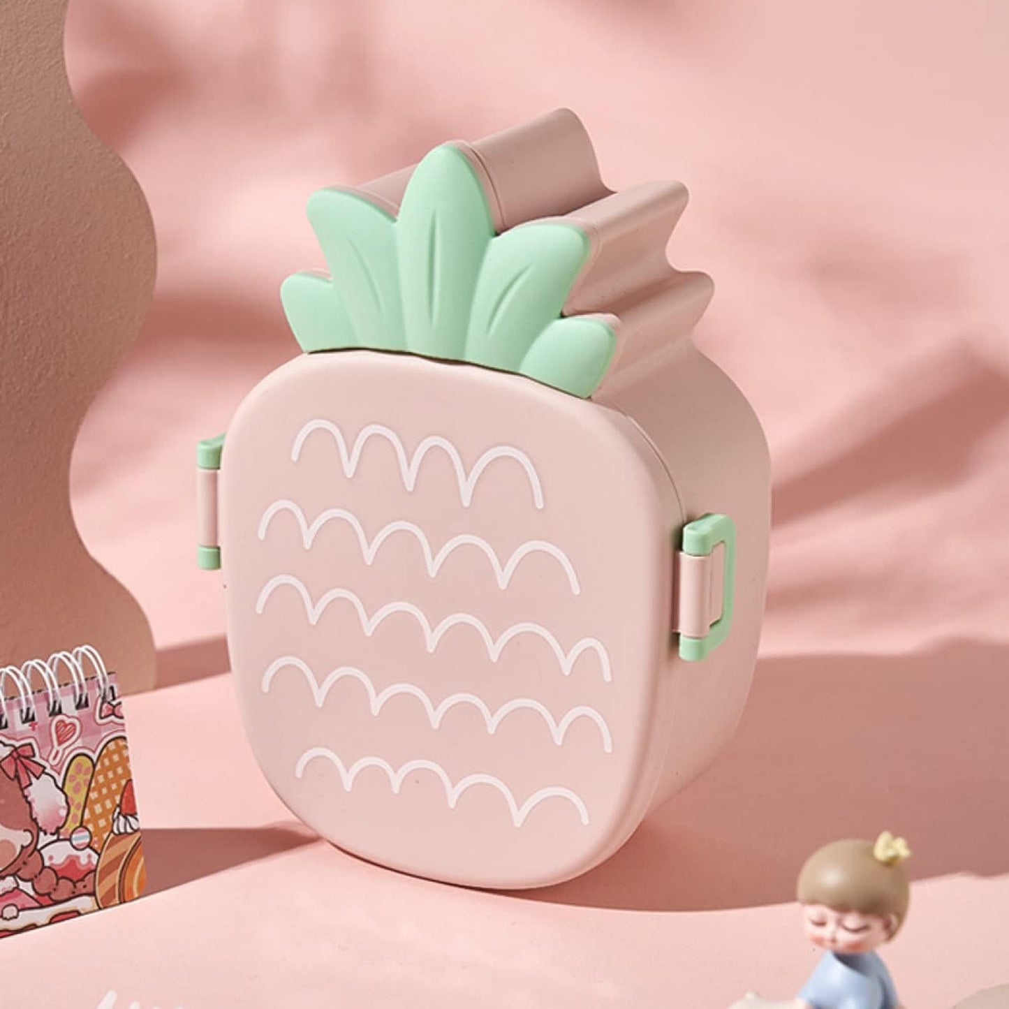 Cute pineapple-shaped kids lunch box by Wukusy with fork, spoon, snack container, microwave-safe, portable for school or office use