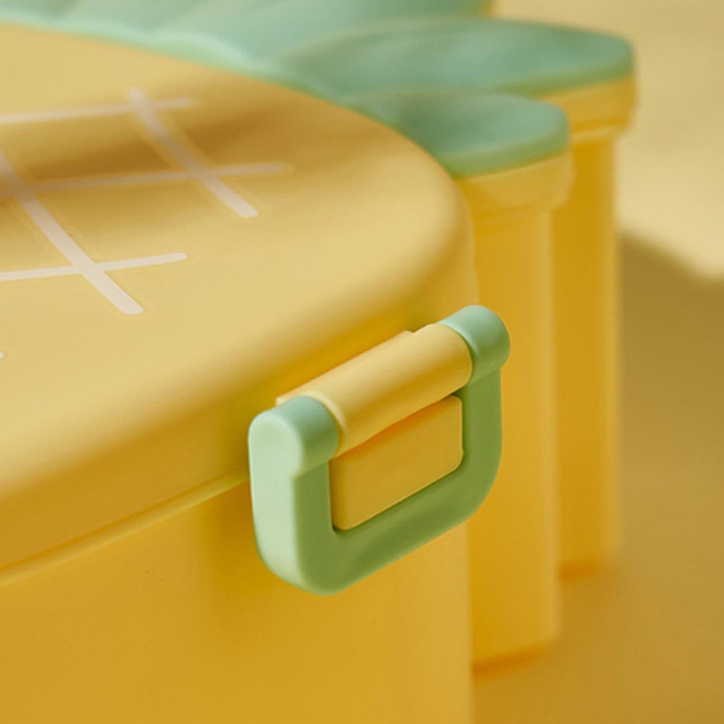 Cute pineapple-shaped Wukusy kids' lunch box with fork, spoon, snack container, microwave safe, portable for school or office.