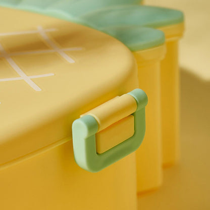 Cute pineapple-shaped Wukusy kids' lunch box with fork, spoon, snack container, microwave safe, portable for school or office.