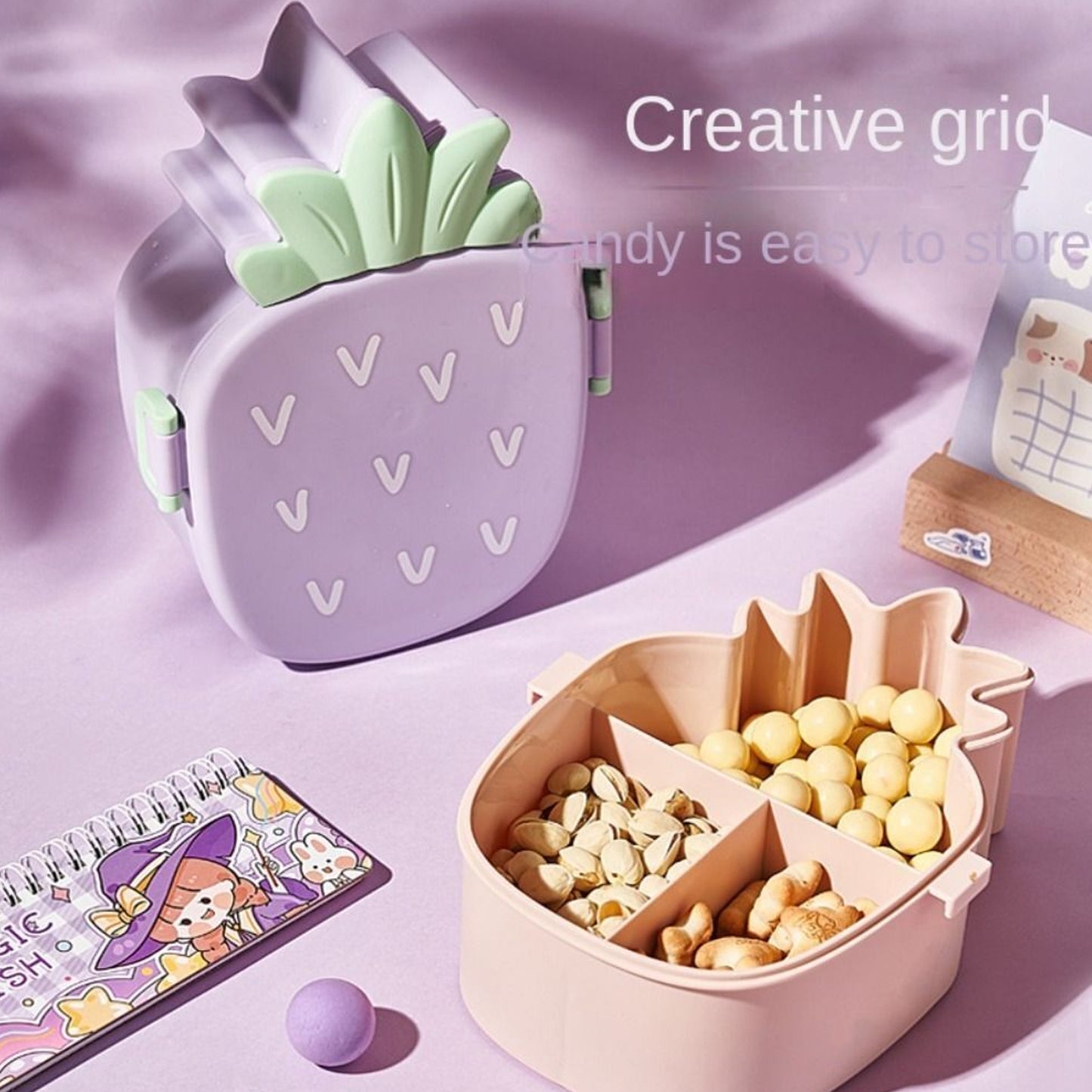 Cute pineapple-shaped kids lunch box by Wukusy with fork, spoon, and snack container, microwave-safe and portable for school or office.