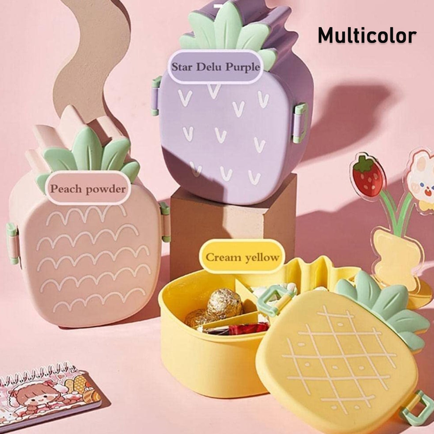 Cute pineapple-shaped kids lunch box by Wukusy with fork, spoon, snack container, microwave-safe, portable for school or office.