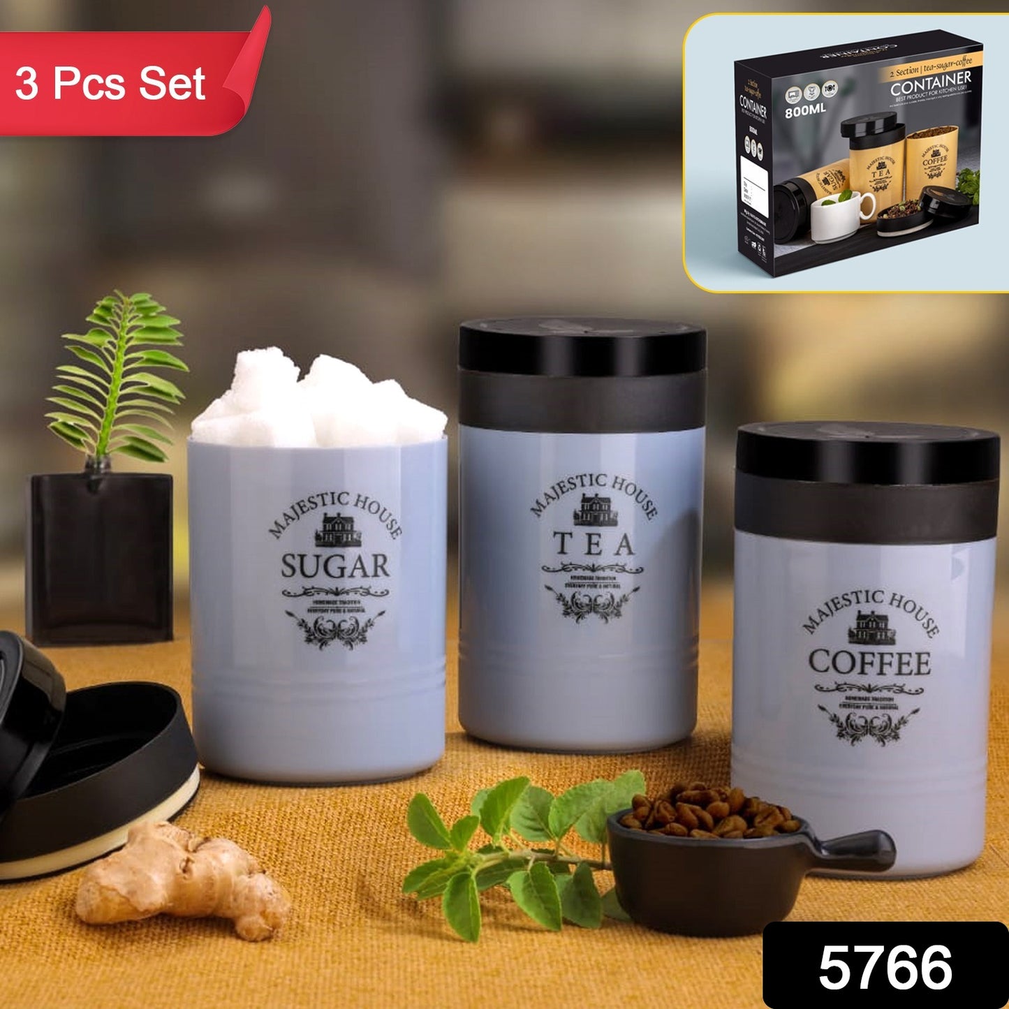 Set of three Wukusy plastic Damru-shaped containers for tea, sugar, and coffee with airtight seals, multicolor home kitchen storage.