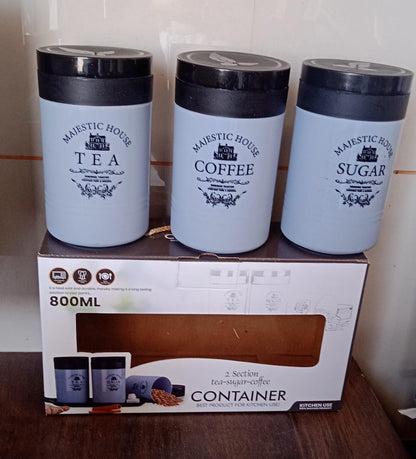 Set of three multicolor Damru-shaped plastic containers for tea, sugar, and coffee with airtight seals, ideal for kitchen storage.