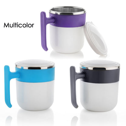 Wukusy stainless steel insulated coffee mug with lid, double wall design, suitable for hot beverages, in a home and kitchen setting.